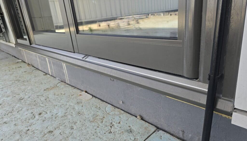 Close-up of a dark gray metal-framed sliding glass door at ground level, showing the bottom sill and a concrete exterior surface nearby.